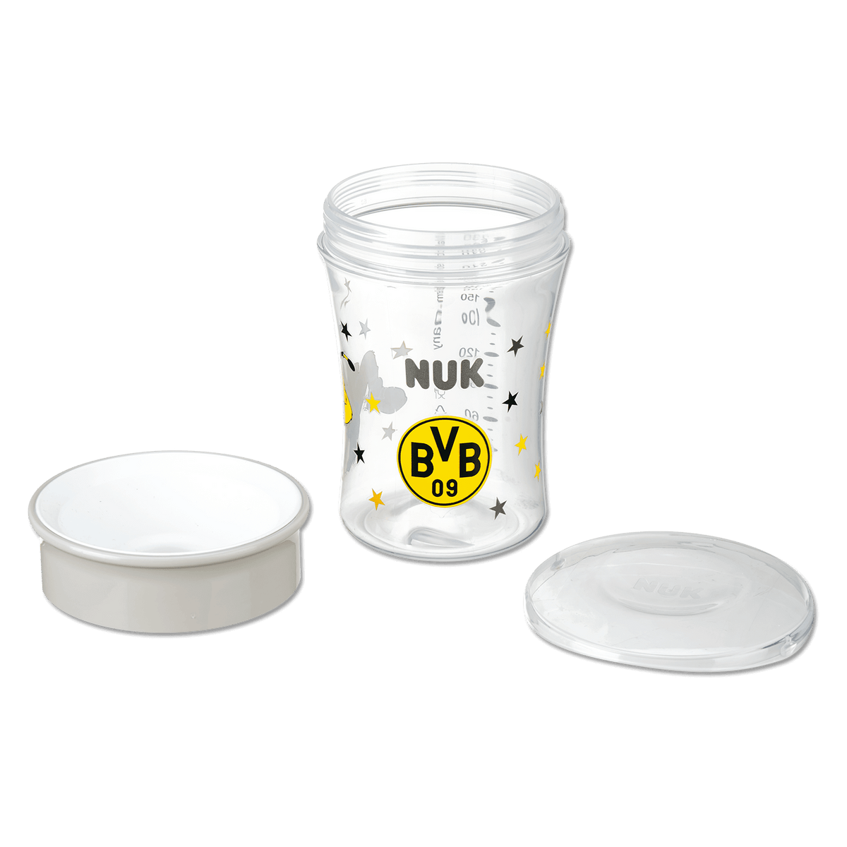 The BVB Magic Cup is a clear drinking cup featuring the BVB logo and a star pattern in black and yellow, making it the perfect fan item for kids.