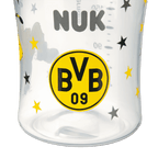 Transparent NUK sippy cup with a black-and-yellow BVB logo surrounded by yellow and black stars—a perfect fan item for kids.