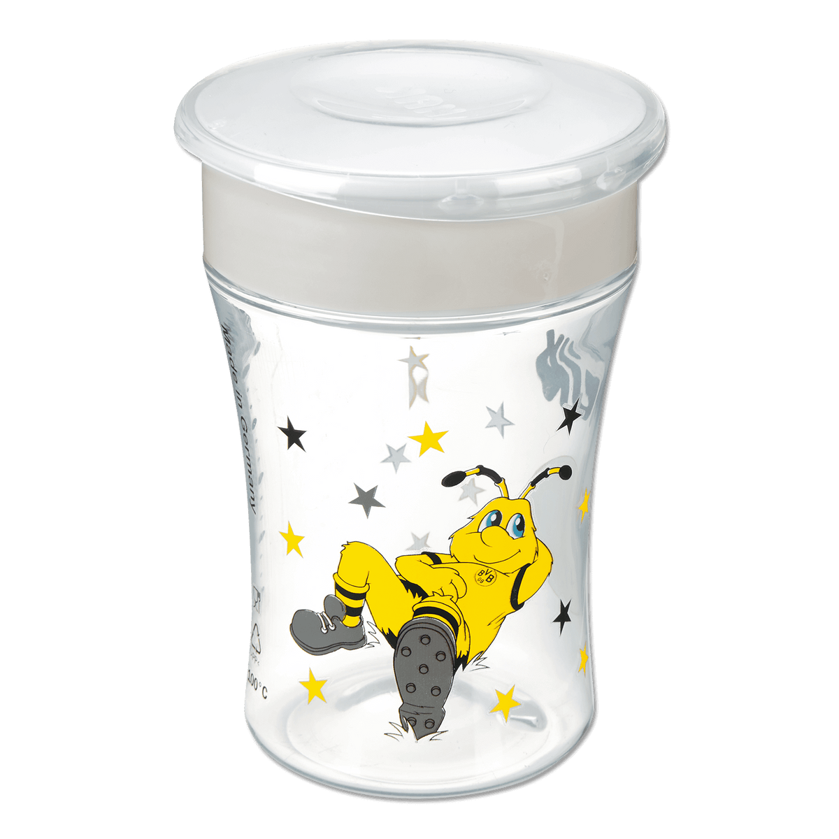 BVB Magic Cup, transparenter Trinkbecher mit EMMA-Maskottchen-Design und schwarzen sowie gelben Sternen, ideal für kleine Fans.