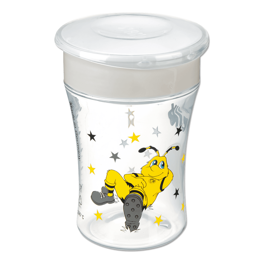 BVB Magic Cup, a clear drinking cup featuring the EMMA mascot design and black and yellow stars—perfect for young fans.