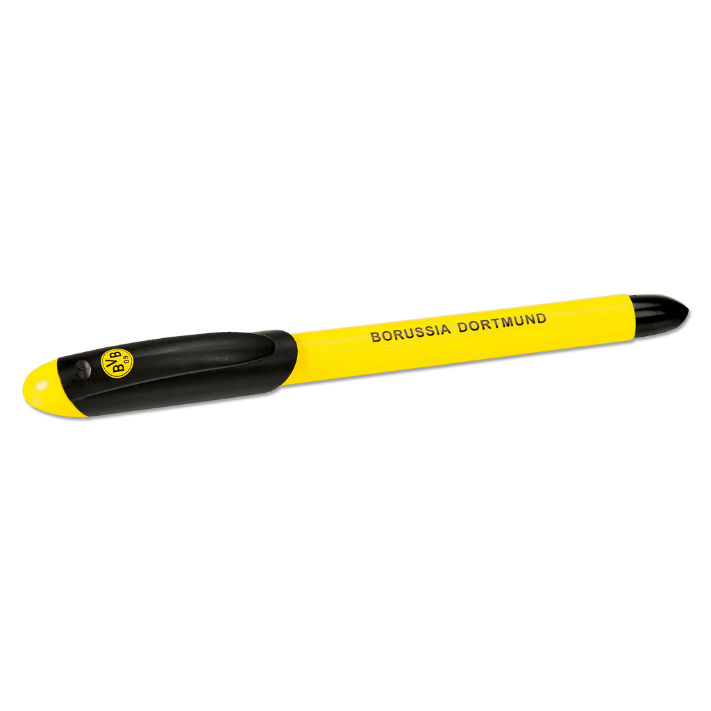 Penna a sfera a inchiostro nero e giallo del BVB con la scritta “Borussia Dortmund” e il logo del BVB sul cappuccio, ideale per i tifosi come strumento di scrittura.