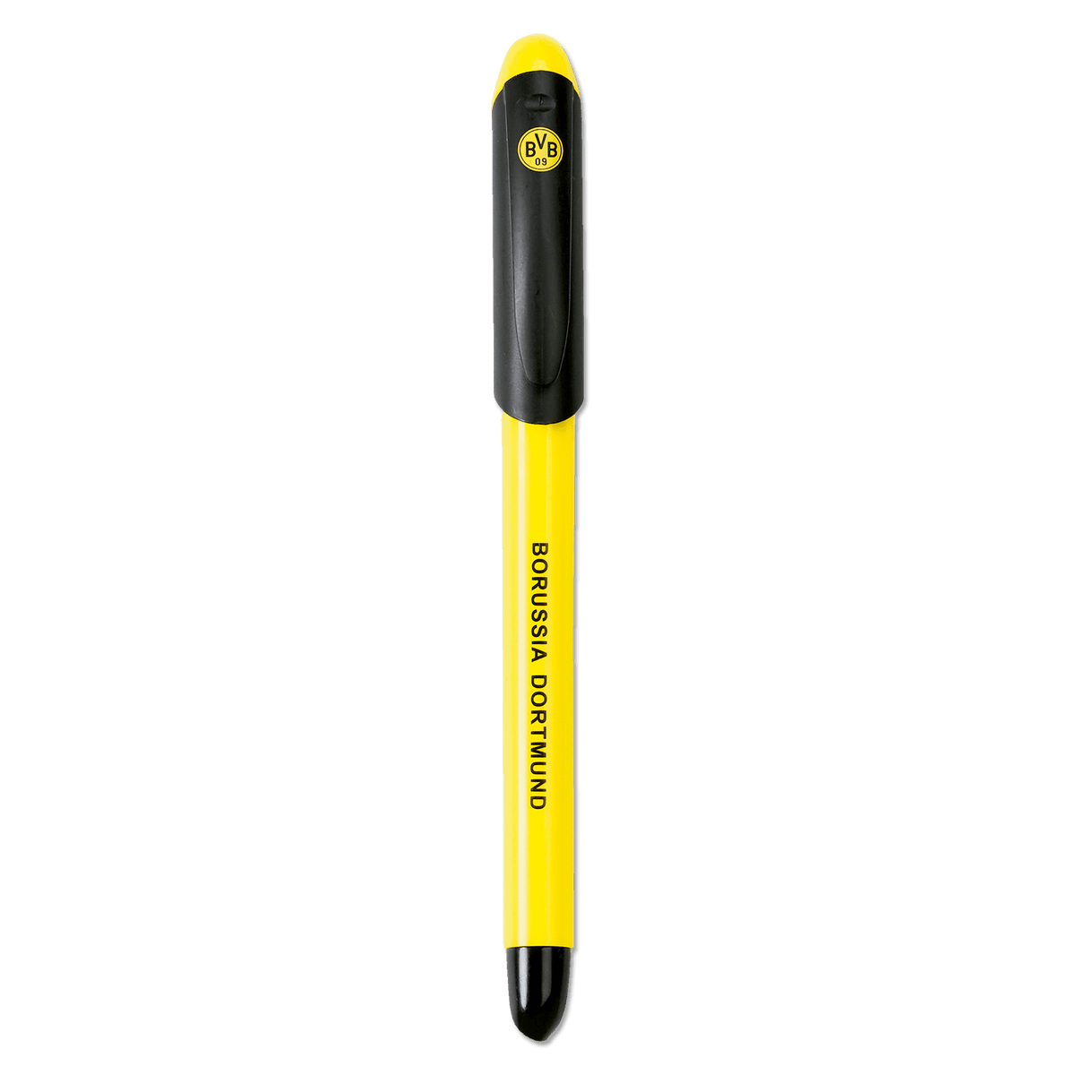 Penna a sfera a inchiostro nero e giallo del Borussia Dortmund con il logo BVB sul cappuccio e il nome della società sul corpo della penna.