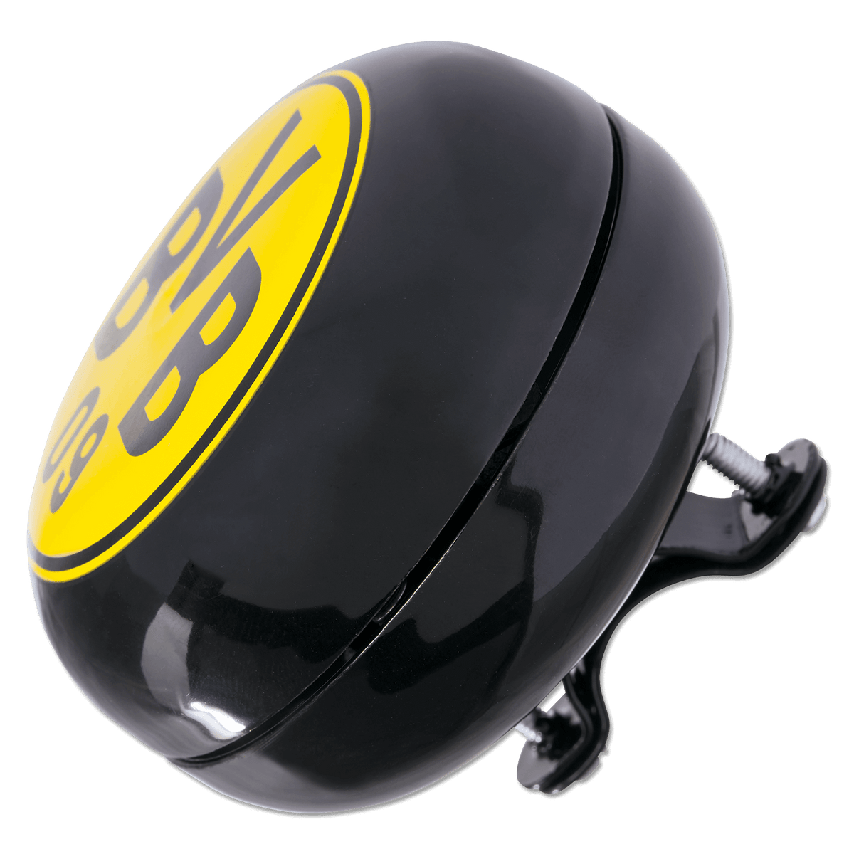 Sonnette de vélo noire et jaune au format XXL, ornée du logo du club du Borussia Dortmund, idéale pour les supporters et les cyclistes.