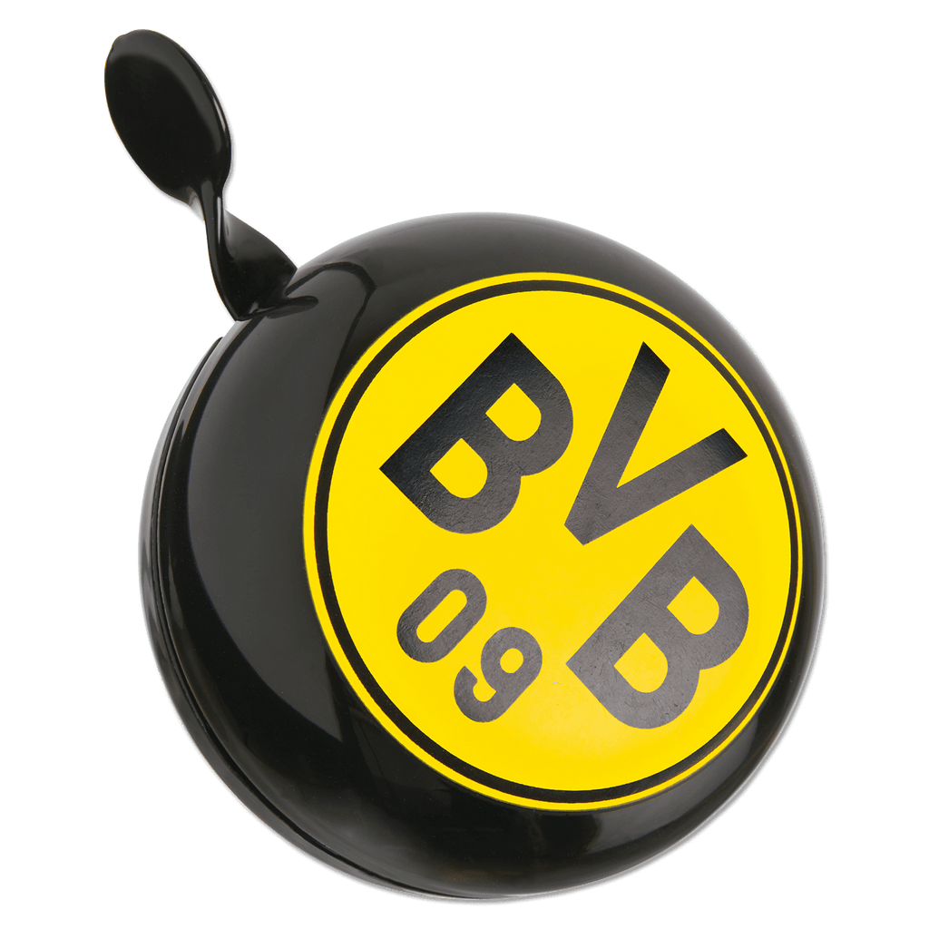 Schwarzgelbe BVB-Fahrradklingel XXL mit großem BVB-Logo, perfekt als Fanartikel für Borussia Dortmund-Fans.