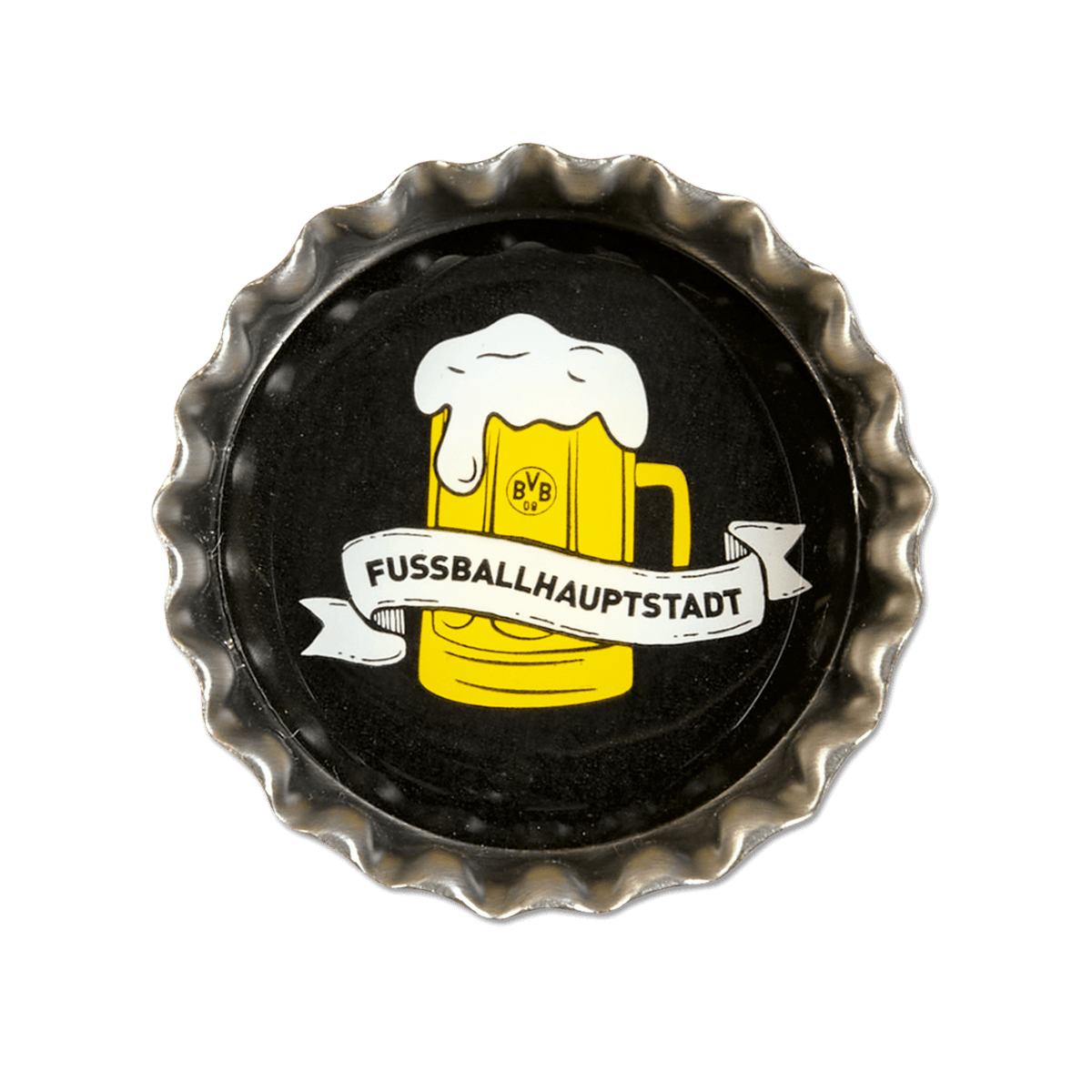 BVB-Magnet im Design eines Kronkorkens mit gelbem Bierglas und FUSSBALLHAUPTSTADT-Schriftzug, schwarzer Hintergrund.