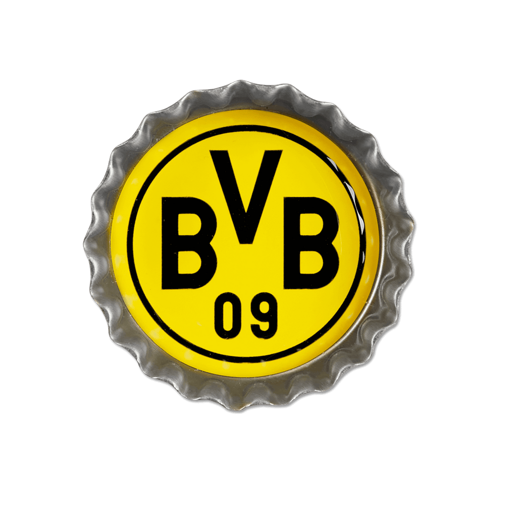 BVB-Magnet-Set in Form von Kronkorken, mit dem ikonischen schwarzgelben Vereinslogo von Borussia Dortmund und der Zahl 09.