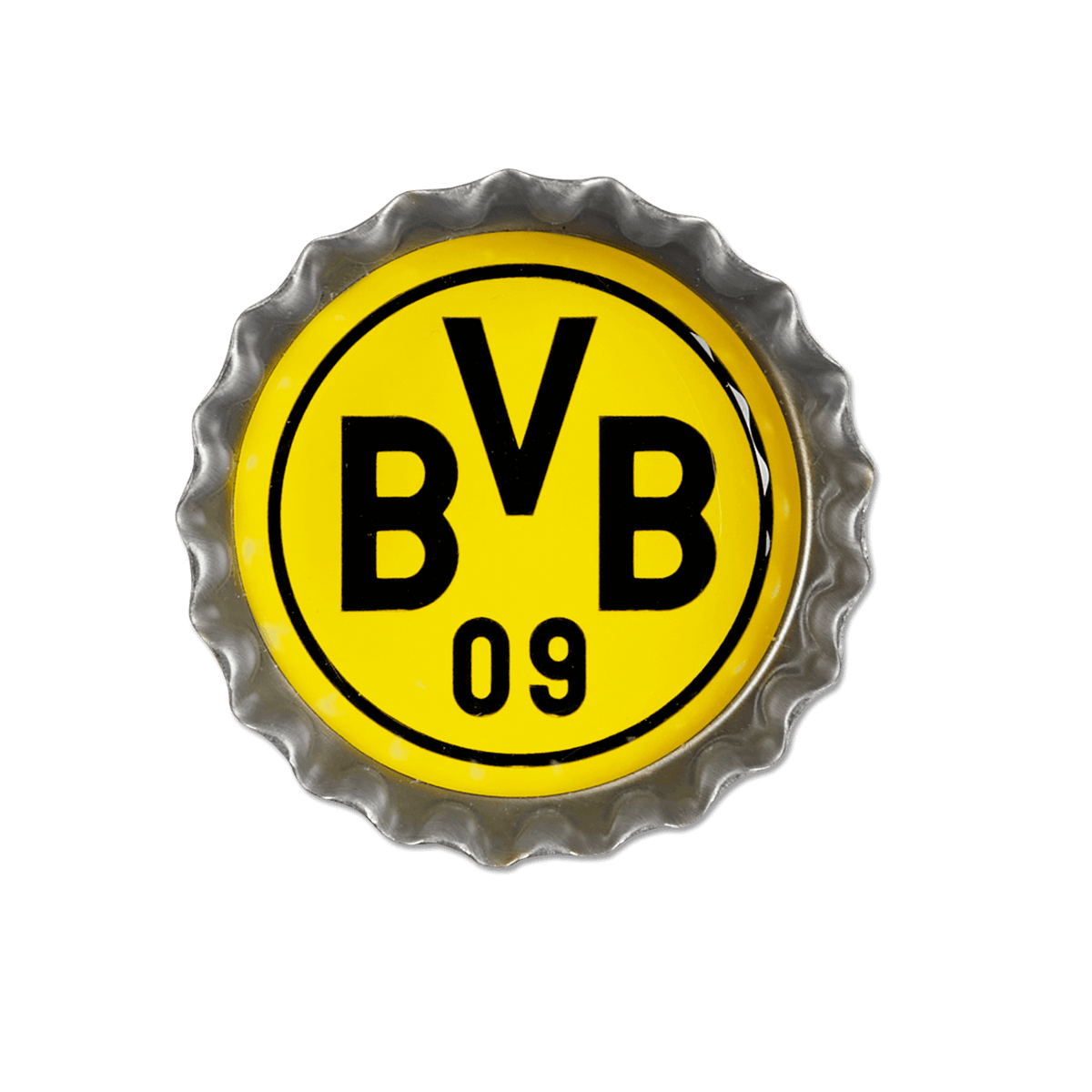 BVB-Magnet-Set in Form von Kronkorken, mit dem ikonischen schwarzgelben Vereinslogo von Borussia Dortmund und der Zahl 09.