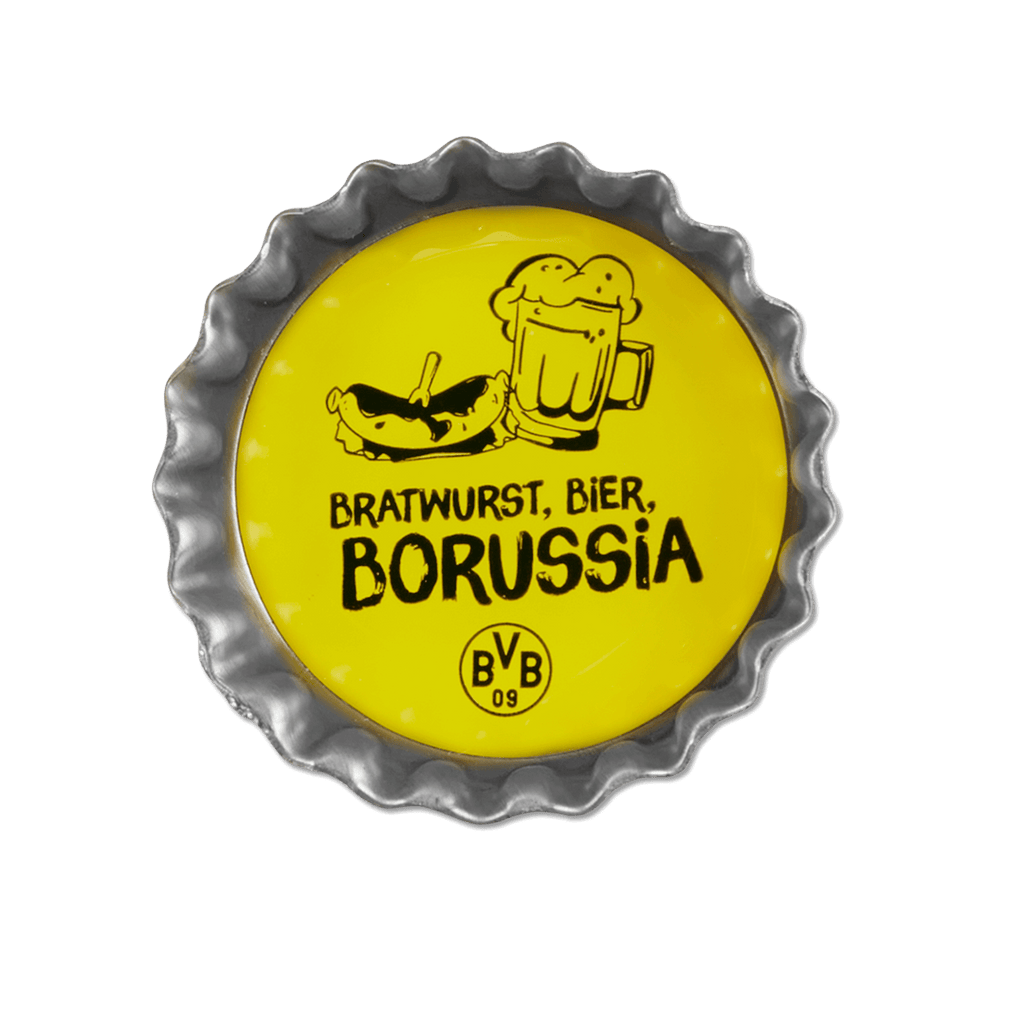 Gelber BVB-Magnet in Kronkorkenform mit Illustration von Bratwurst und Bierkrug sowie dem Schriftzug 'Bratwurst, Bier, Borussia' und BVB-Emblem.