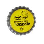 Gelber BVB-Magnet in Kronkorkenform mit Illustration von Bratwurst und Bierkrug sowie dem Schriftzug 'Bratwurst, Bier, Borussia' und BVB-Emblem.