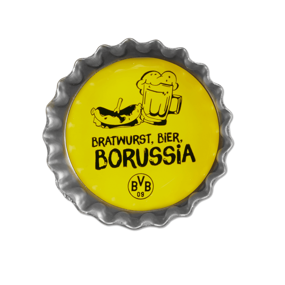 Gelber BVB-Magnet in Kronkorkenform mit Illustration von Bratwurst und Bierkrug sowie dem Schriftzug 'Bratwurst, Bier, Borussia' und BVB-Emblem.