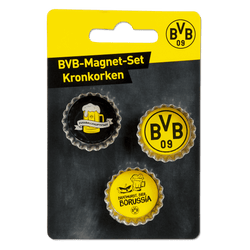 ビール瓶のキャップをモチーフにした、3点セットのBVBマグネットセット。マグネットは黒と黄色で、BVBならではのデザインが施されており、ボルシア・ドルトムントのファンに最適です。