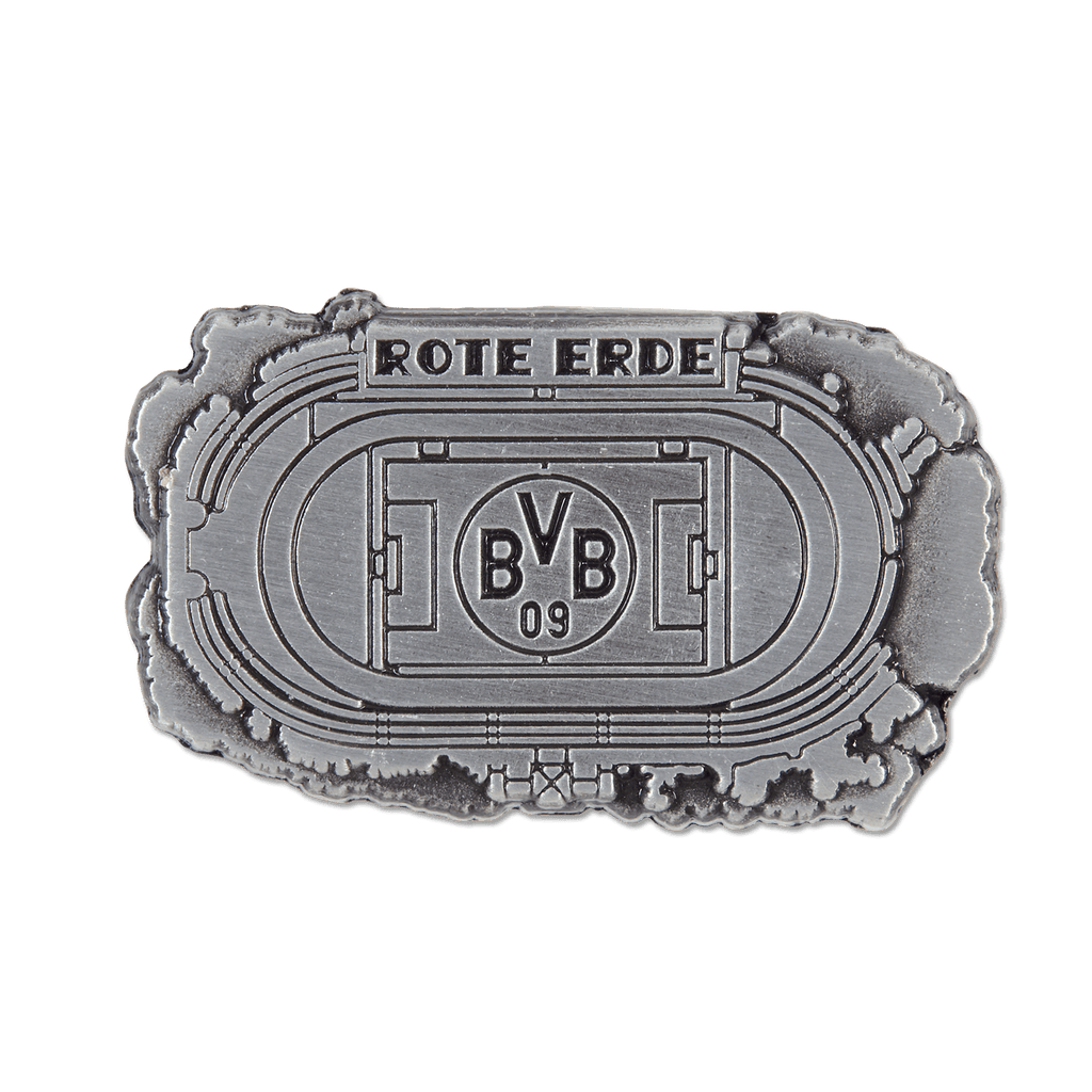 Silberfarbener BVB-Pin in Form des Stadions Rote Erde mit detaillierter Darstellung und BVB 09 Logo.