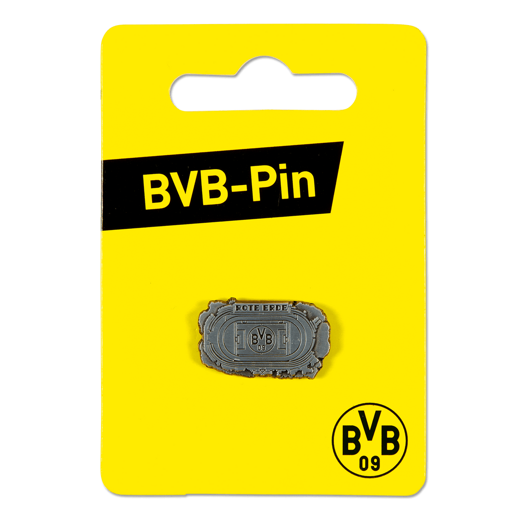 BVB-Pin mit dem Motiv des Stadions Rote Erde, präsentiert auf gelber Verpackung mit schwarzem BVB-Schriftzug, perfekt als Fanartikel oder Geschenk.