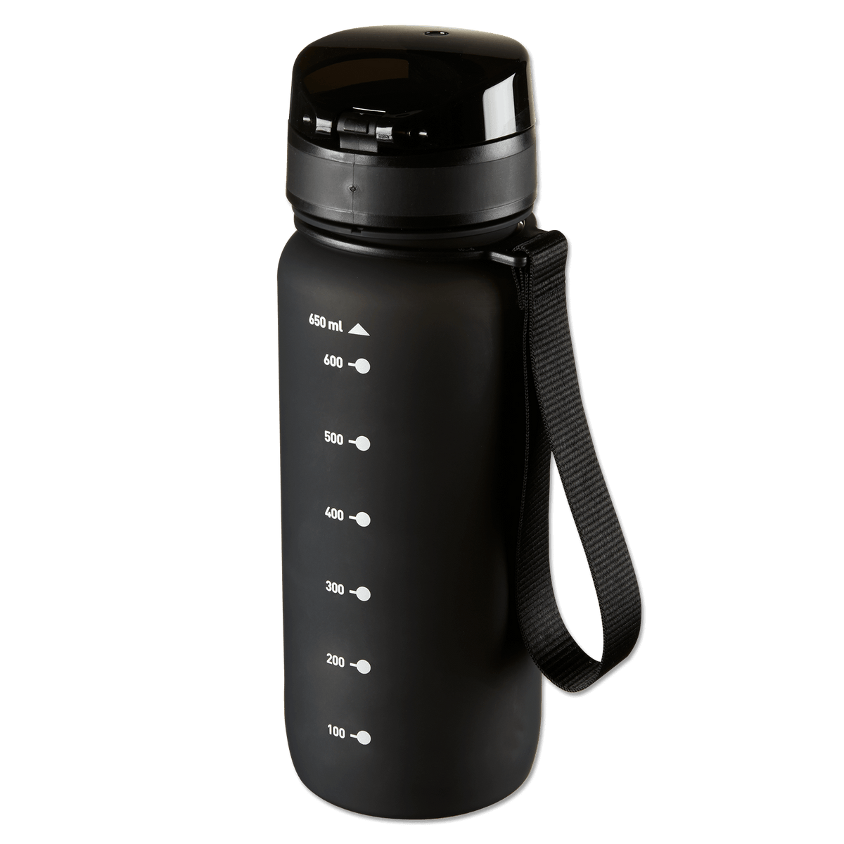Gourde de sport BVB Tritan d'une contenance de 650 ml, de couleur noire, avec graduation et sangle de transport : un accessoire pratique pour les supporters du BVB.