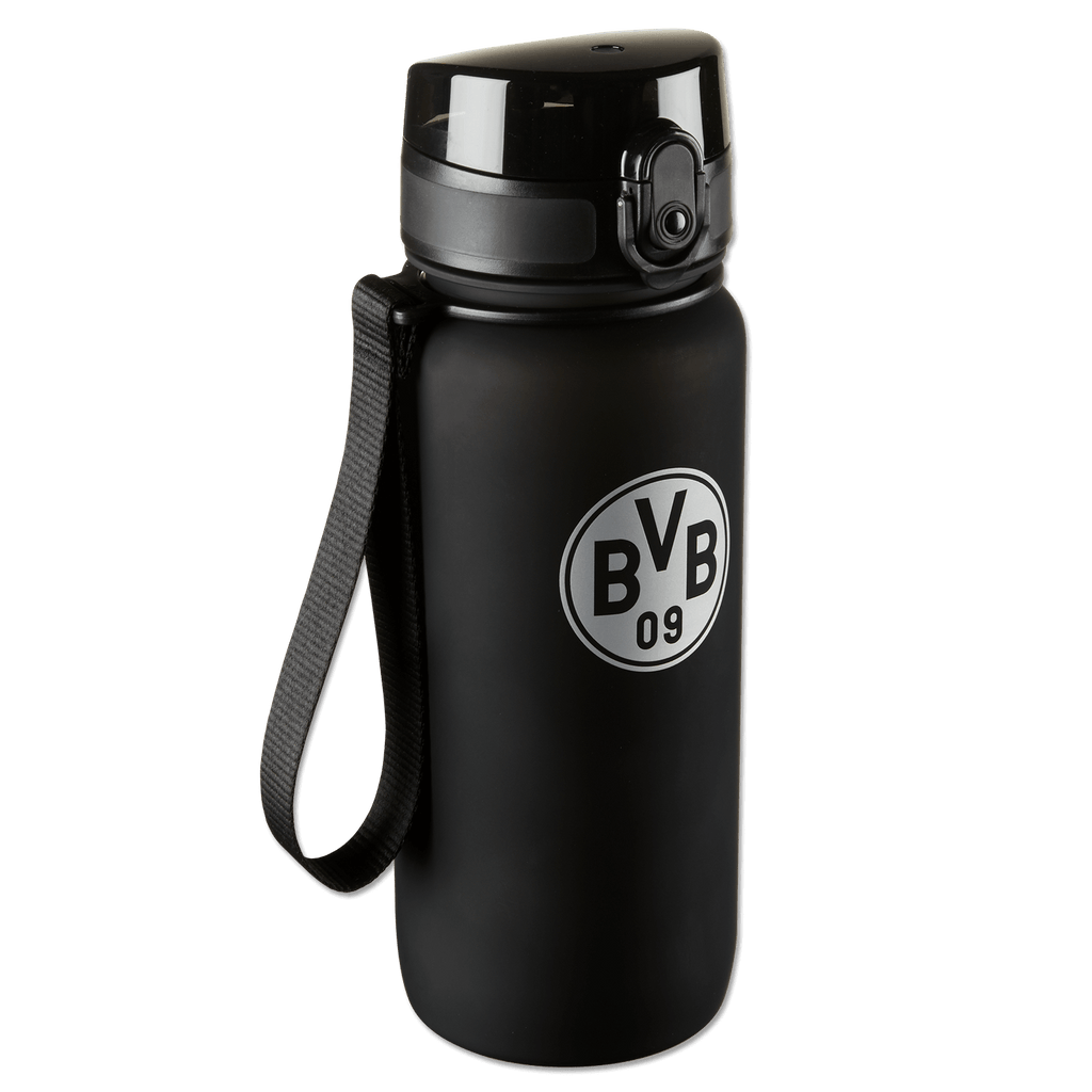 Gourde de sport BVB Tritan noire d'une contenance de 650 ml, arborant le logo BVB 09 et dotée d'une dragonne pratique pour les déplacements.