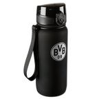 Gourde de sport BVB Tritan noire d'une contenance de 650 ml, arborant le logo BVB 09 et dotée d'une dragonne pratique pour les déplacements.