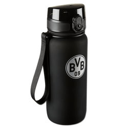 BVB Tritan sports water bottle in black with a 650 ml capacity, the BVB 09 logo, and a functional carrying strap for on the go.