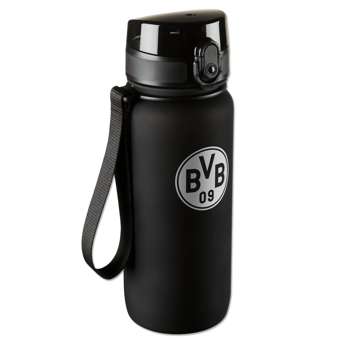 BVB-Tritan Sport-Trinkflasche in schwarz mit 650 ml Fassungsvermögen, BVB 09 Logo und einem funktionalen Trageband für unterwegs.