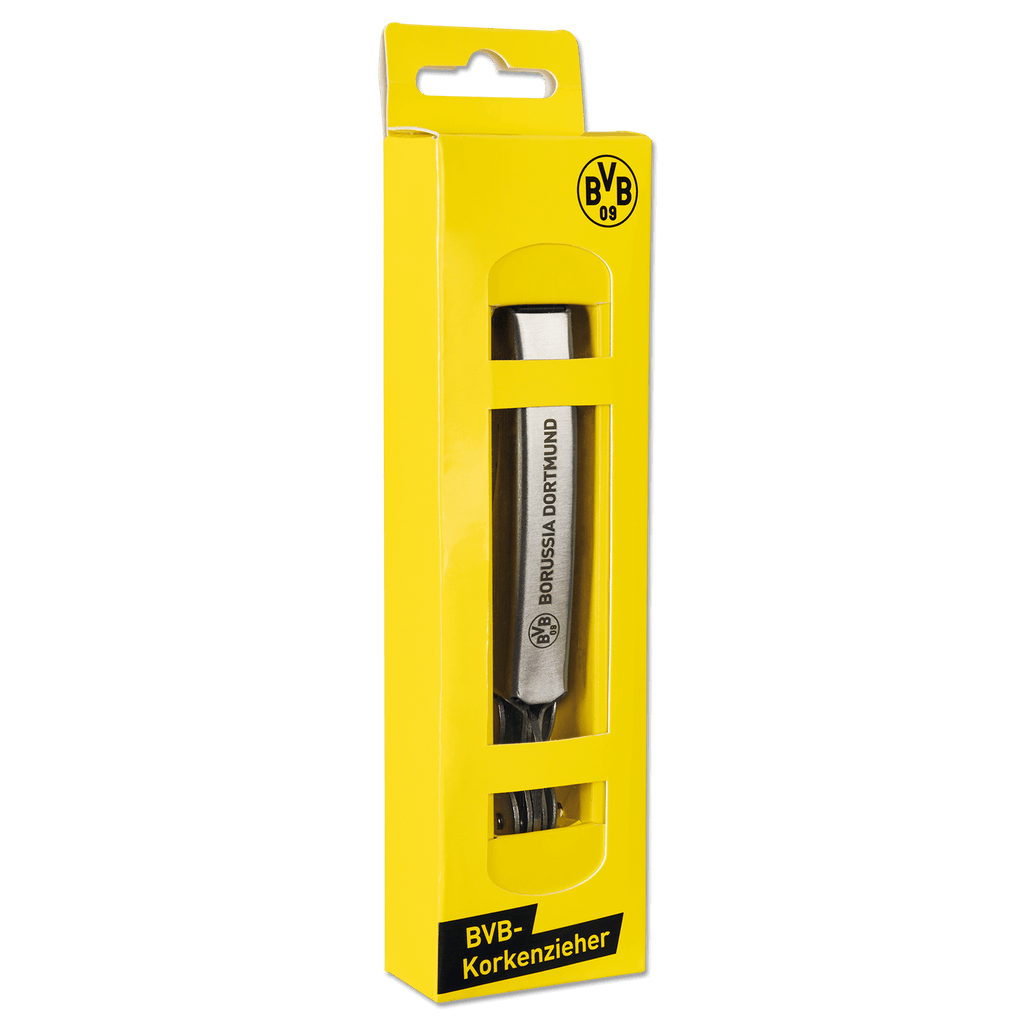 BVB-Korkenzieher in einer gelben Verpackung mit Sichtfenster und Borussia Dortmund Logo, ideal als Fanartikel und praktisches Accessoire.