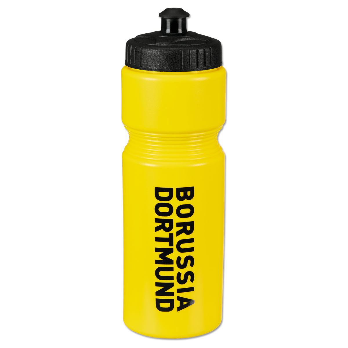 Gelbe Trinkflasche von Borussia Dortmund mit 0,75L Fassungsvermögen, schwarzem Deckel und schwarzem Schriftzug.