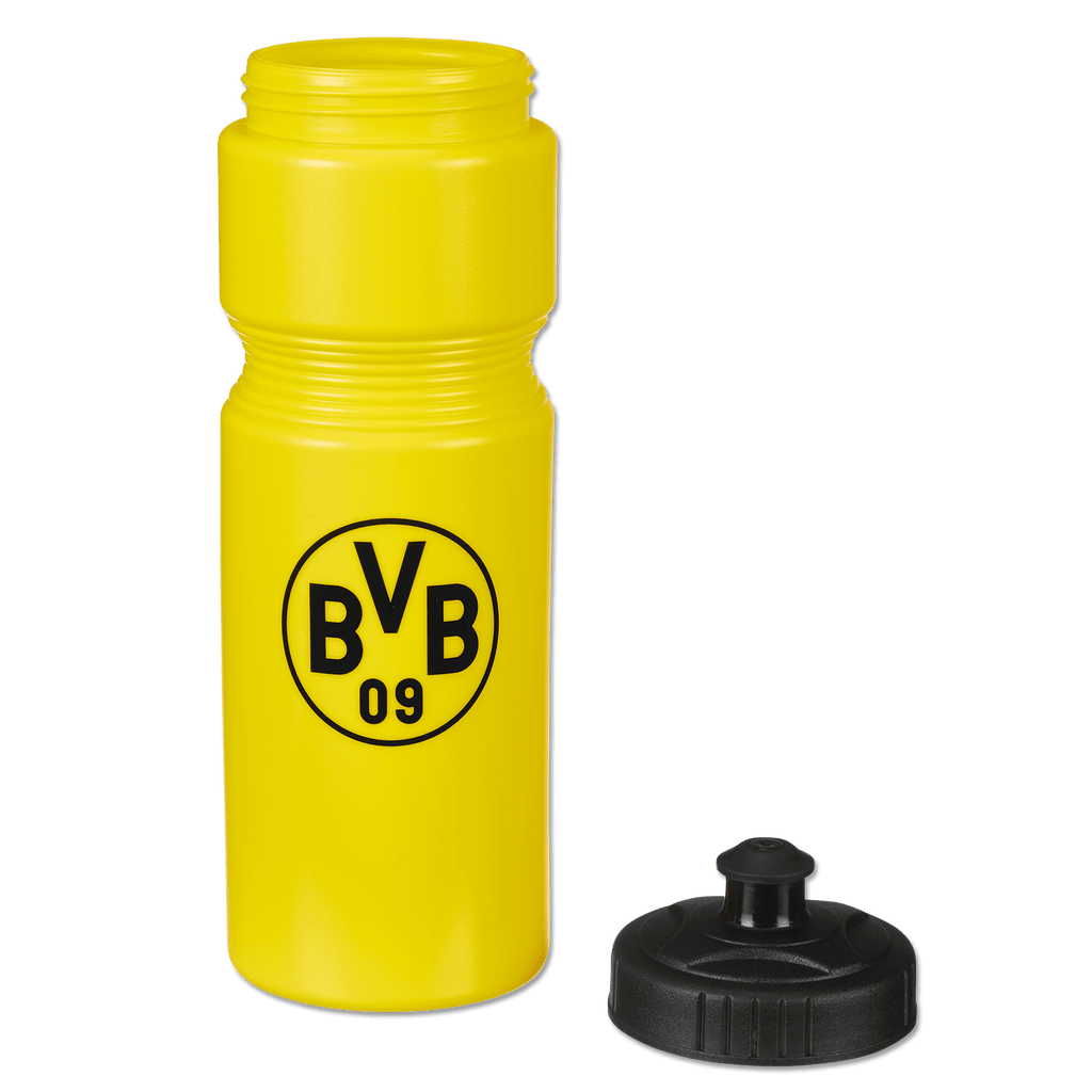 Botella de agua amarilla del BVB con tapón de rosca negro, capacidad de 0,75 l. Perfecta para los aficionados del Borussia Dortmund.