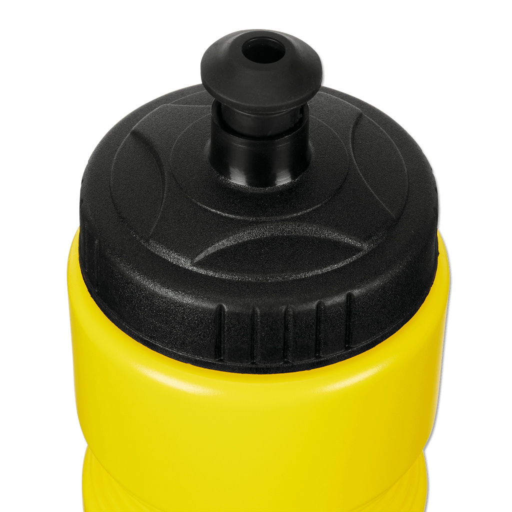 Botella de agua amarilla del BVB con tapón negro, perfecta para el deporte y el tiempo libre. Producto oficial para aficionados del Borussia Dortmund.