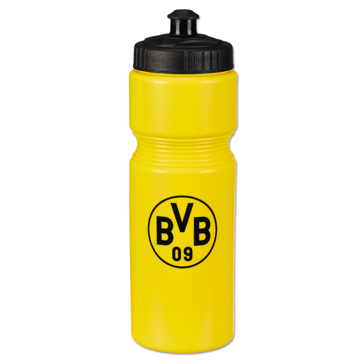 The yellow BVB water bottle, with a 0.75-liter capacity, a black lid, and a black BVB logo, is a practical fan item for sports and leisure.
