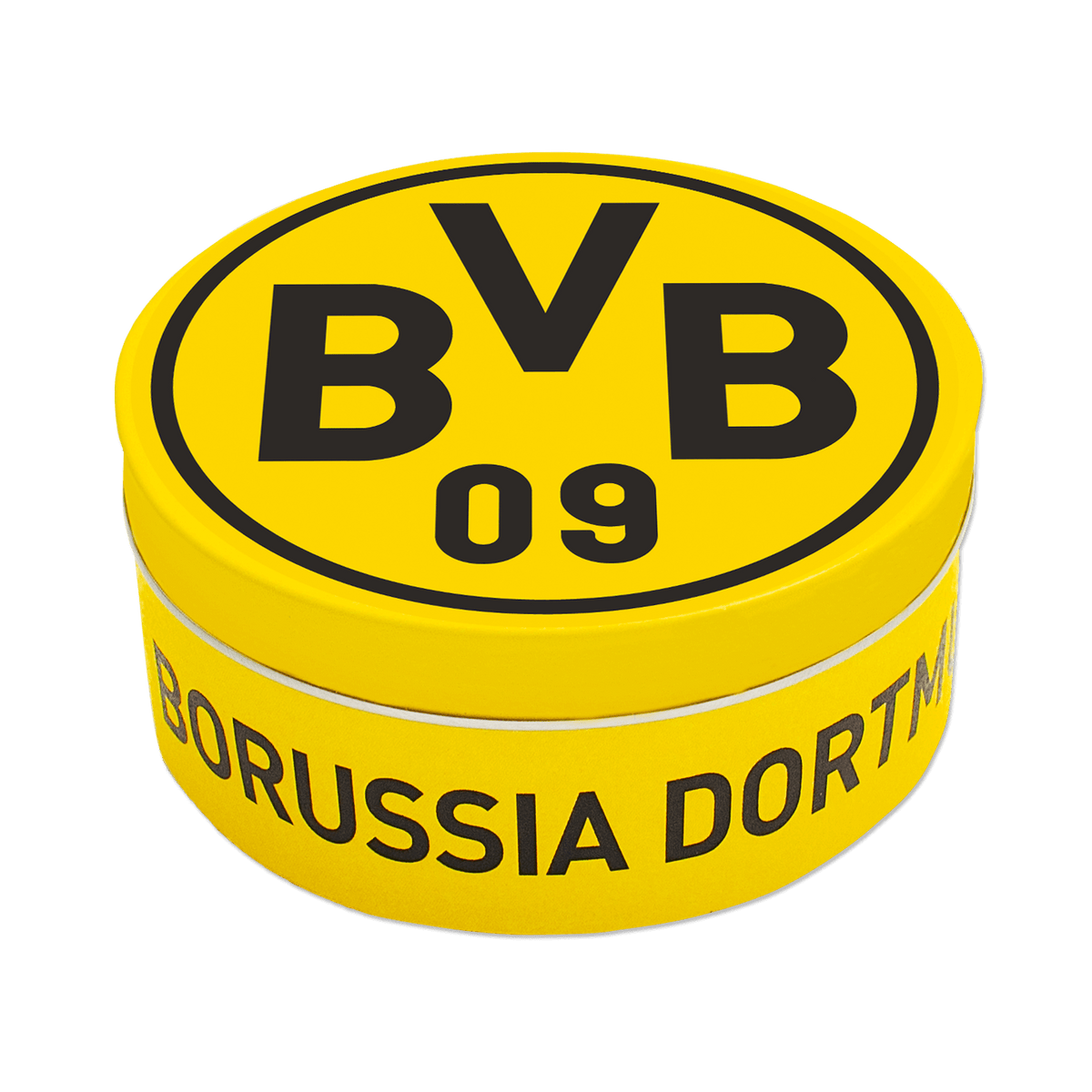Round yellow metal tin featuring the BVB emblem and the words "Borussia Dortmund," filled with 200 g of lemon- and cola-flavored candies.