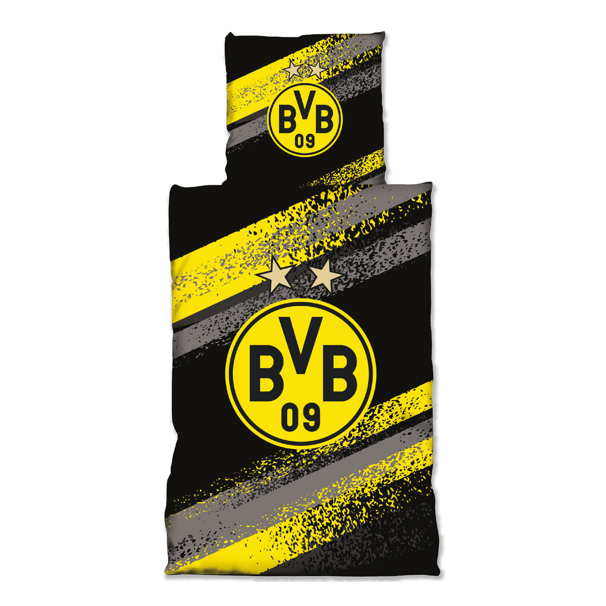 Linge de lit BVB orné d'un motif graffiti noir et jaune très voyant et du logo BVB au centre, idéal pour les supporters du Borussia Dortmund.