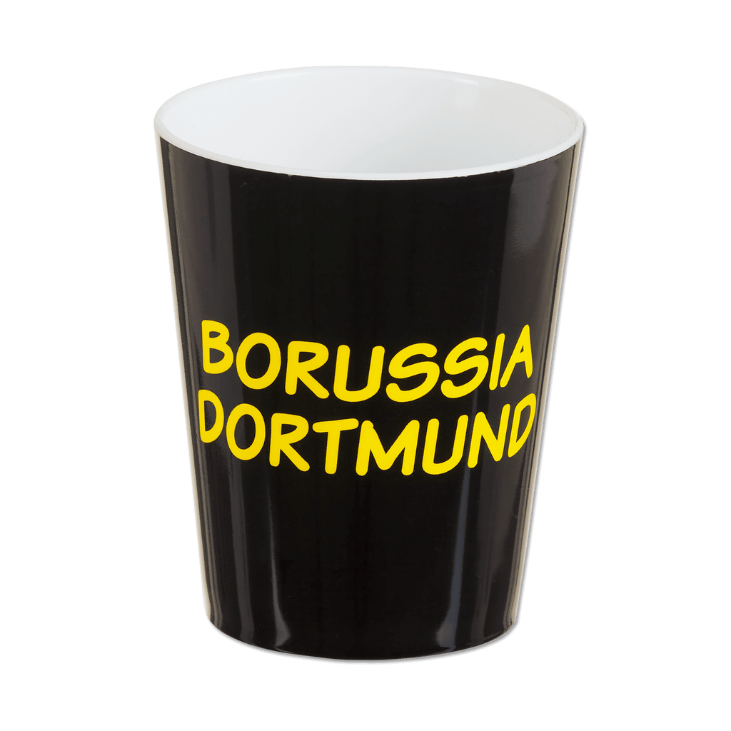 Black-and-yellow toothbrush cup featuring the yellow "Borussia Dortmund" lettering on a black background, perfect for BVB fans.
