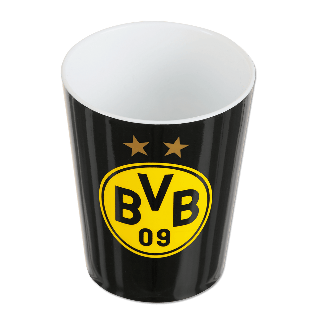 Vaso negro para cepillarse los dientes del BVB con el logotipo amarillo del BVB y dos estrellas, perfecto para los aficionados del Borussia Dortmund en el cuarto de baño