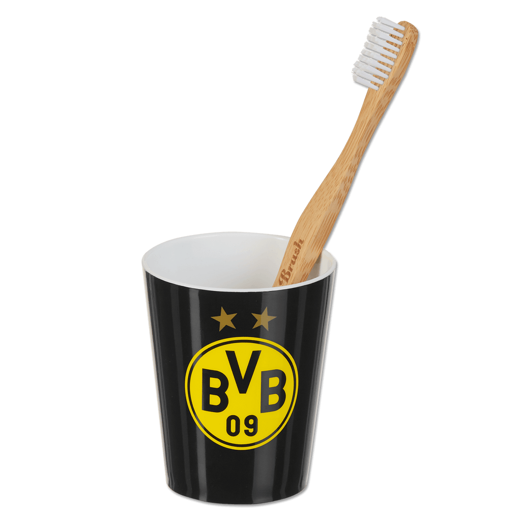 BVB toothbrush cup in black-and-yellow design with the BVB logo and a bamboo toothbrush, perfect for Borussia Dortmund fans.