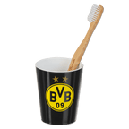 BVB toothbrush cup in black-and-yellow design with the BVB logo and a bamboo toothbrush, perfect for Borussia Dortmund fans.