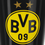 Vaso negro para cepillarse los dientes del BVB con un gran logotipo del BVB en amarillo y dos estrellas doradas, ideal para los aficionados del Borussia Dortmund.