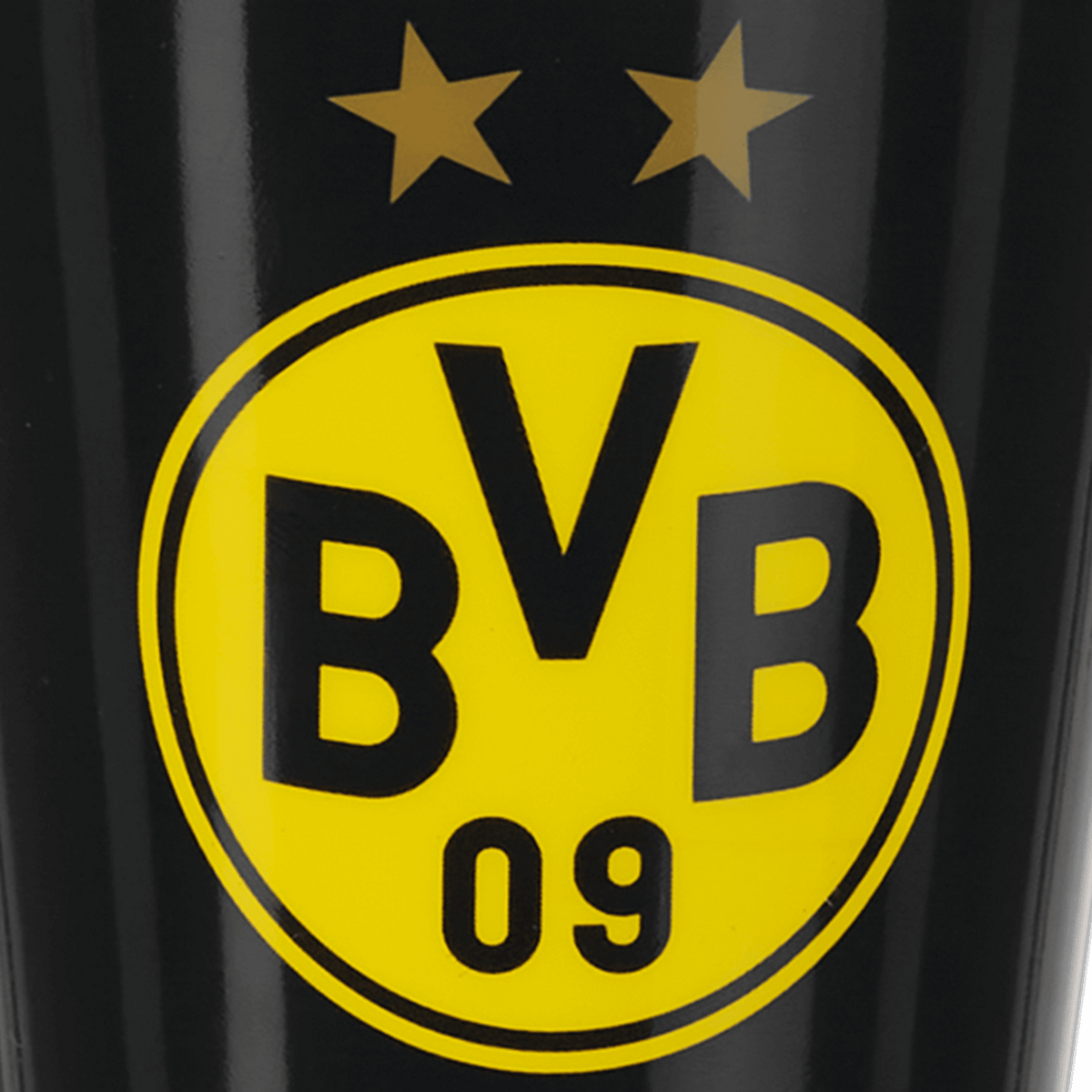 Vaso negro para cepillarse los dientes del BVB con un gran logotipo del BVB en amarillo y dos estrellas doradas, ideal para los aficionados del Borussia Dortmund.