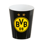 Vaso para cepillos de dientes negro y amarillo con el logotipo del BVB y dos estrellas doradas, ideal para los aficionados del Borussia Dortmund.