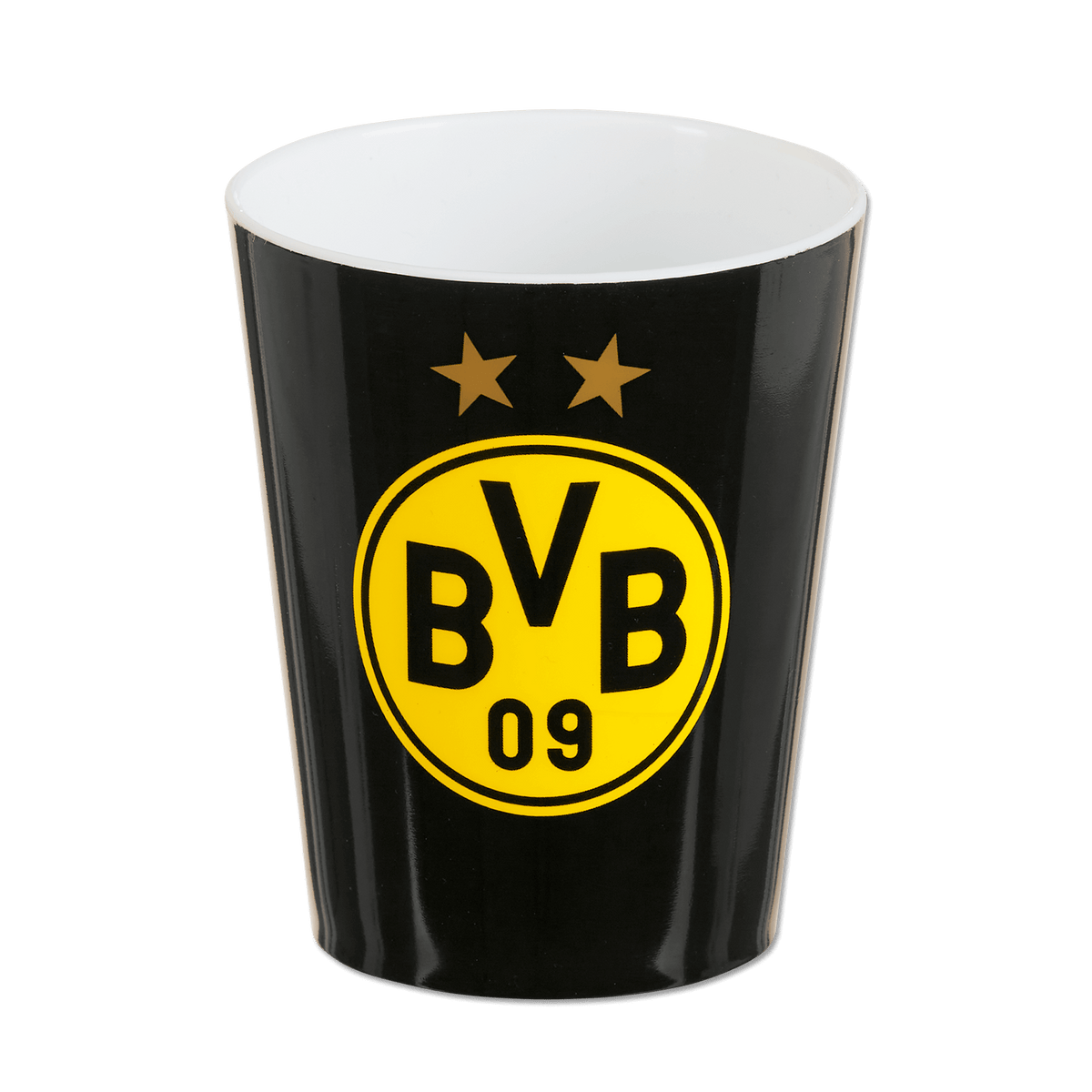 Vaso para cepillos de dientes negro y amarillo con el logotipo del BVB y dos estrellas doradas, ideal para los aficionados del Borussia Dortmund.