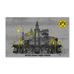 ドルトムントのスカイラインを描いたアートプリント。シグナル・イドゥナ・パークとBVBのロゴが黒と黄色のデザインで描かれ、「MEINE HEIMAT MEIN VEREIN」という文字が入っています。