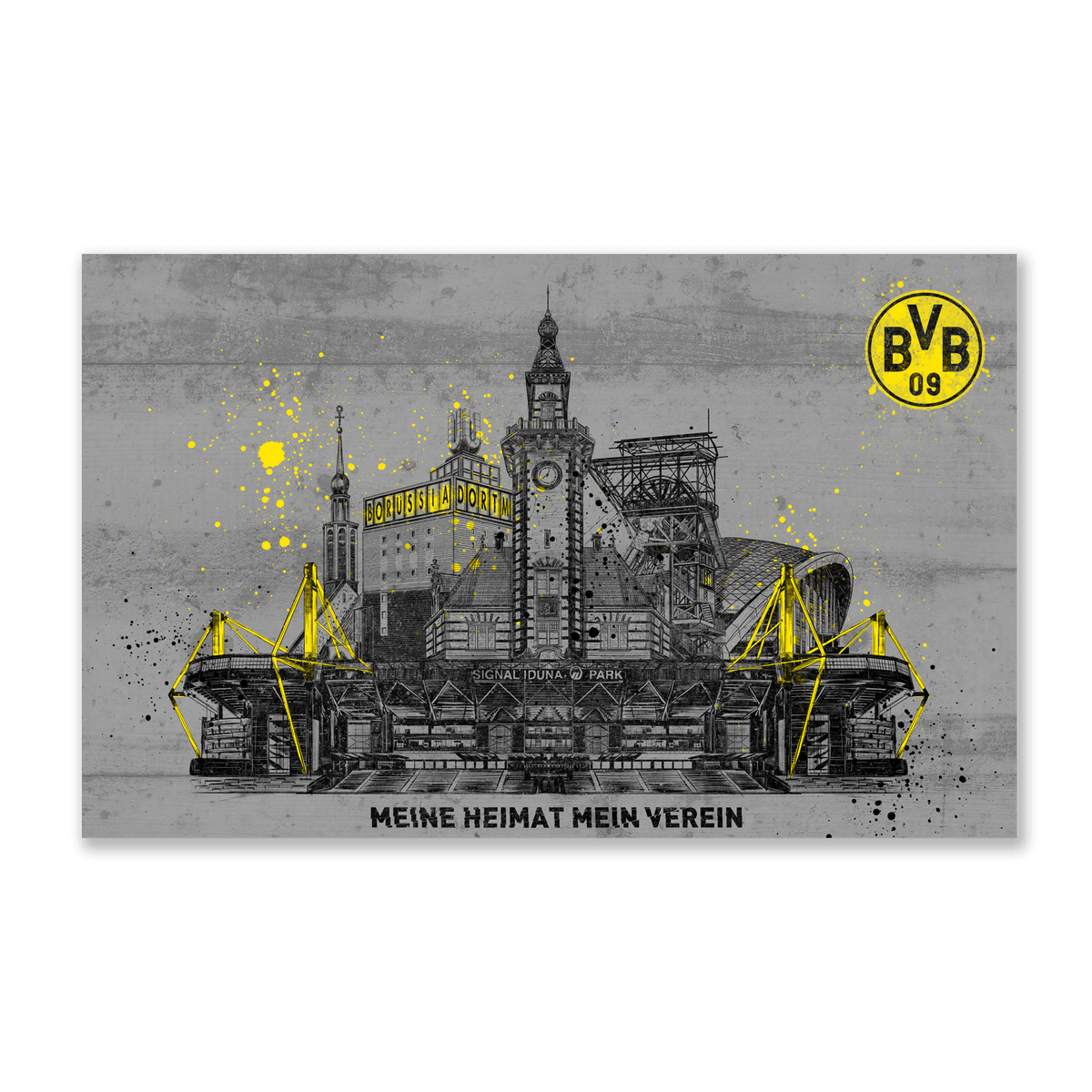 Stampa artistica raffigurante lo skyline di Dortmund, con il SIGNAL IDUNA PARK e il logo del BVB in nero e giallo, con la scritta "MEINE HEIMAT MEIN VEREIN".