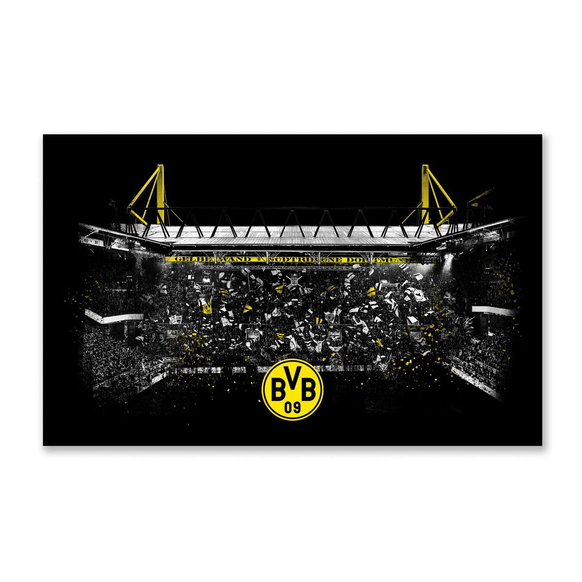 Stampa artistica della tribuna sud del SIGNAL IDUNA PARK con elementi gialli brillanti e il logo del BVB, ideale per i tifosi del Borussia Dortmund.