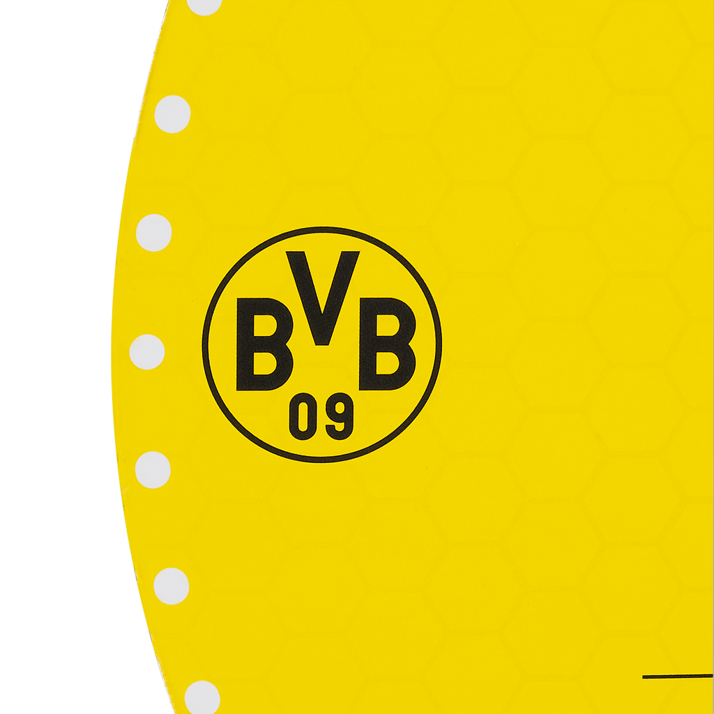 Kinder-Wanduhr in schwarzgelb mit EMMA-Maskottchen-Motiv und deutlich sichtbarem BVB-Logo, ideal für junge Borussia Dortmund Fans.