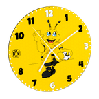 Runde schwarzgelbe Wanduhr mit BVB-Logo und EMMA-Maskottchen-Motiv, passend als Fanartikel oder Kinderzimmer-Dekoration.