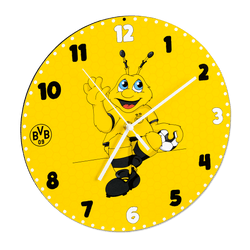 Reloj de pared redondo en colores negro y amarillo con el logotipo del BVB y el motivo de la mascota EMMA, ideal como artículo para aficionados o como decoración para la habitación de los niños.