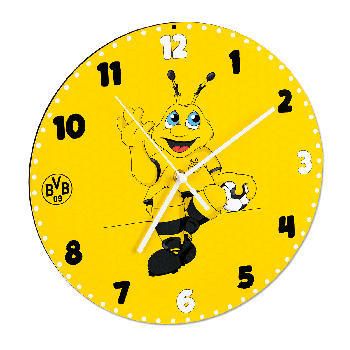 Horloge murale ronde noire et jaune, ornée du logo du BVB et du motif de la mascotte EMMA, idéale comme article pour supporters ou comme décoration pour une chambre d'enfant.