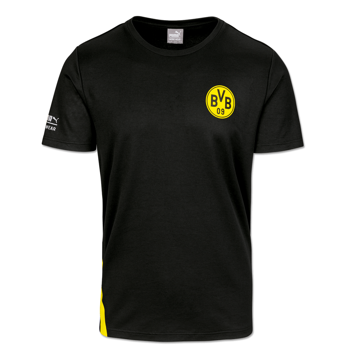 Schwarzes BVB-Arbeits-T-Shirt von Puma mit gelbem BVB 09-Logo auf der Brust und dezenter gelber Seitenverzierung.