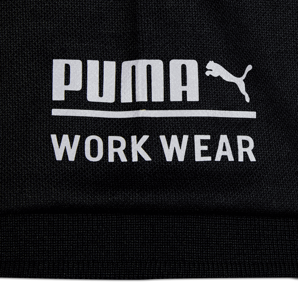Schwarzes BVB-Poloshirt mit weißem 'PUMA WORK WEAR' Logo auf der Vorderseite.