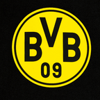Schwarzgelbes BVB-Logo von Borussia Dortmund auf schwarzem Stoffhintergrund, zeigt die Initialen BVB und die Jahreszahl 09.