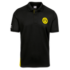 Vorderansicht eines schwarzen Borussia Dortmund Poloshirts mit gelbem BVB-Logo, dreiknöpfigem Kragen und Puma-Logo auf dem Ärmel.