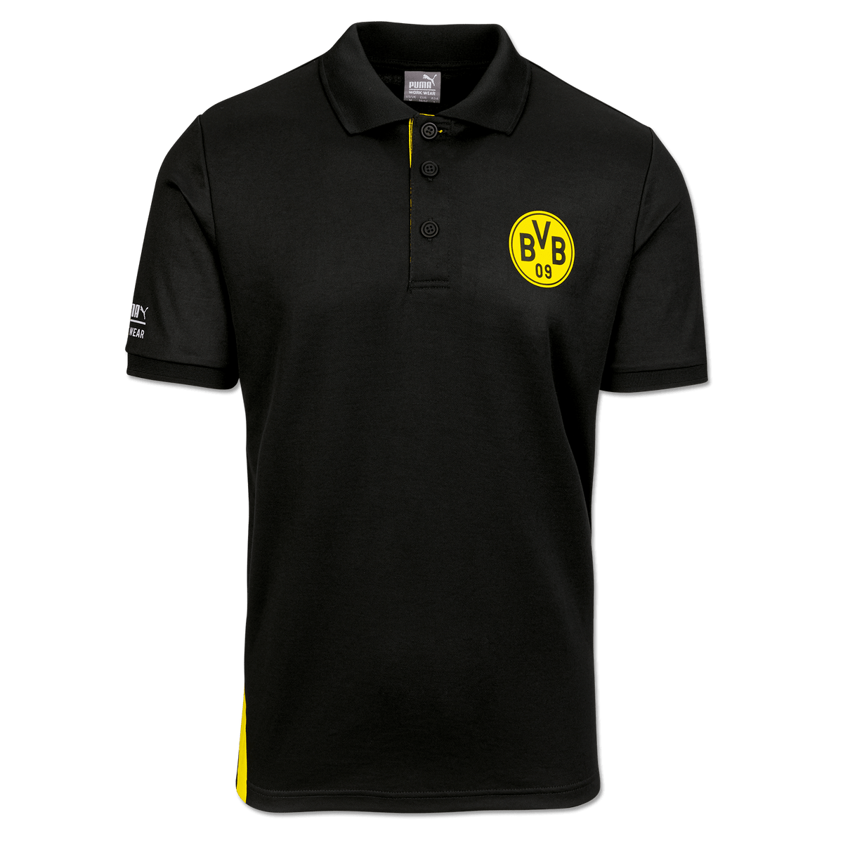 Vorderansicht eines schwarzen Borussia Dortmund Poloshirts mit gelbem BVB-Logo, dreiknöpfigem Kragen und Puma-Logo auf dem Ärmel.