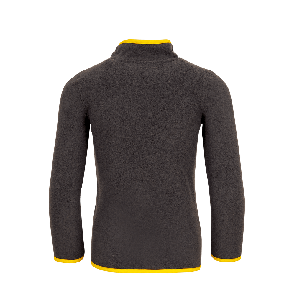 Vue de dos d'une veste polaire du BVB pour bébés et jeunes enfants, de couleur noir et jaune, avec des touches de jaune au niveau du col et des poignets.